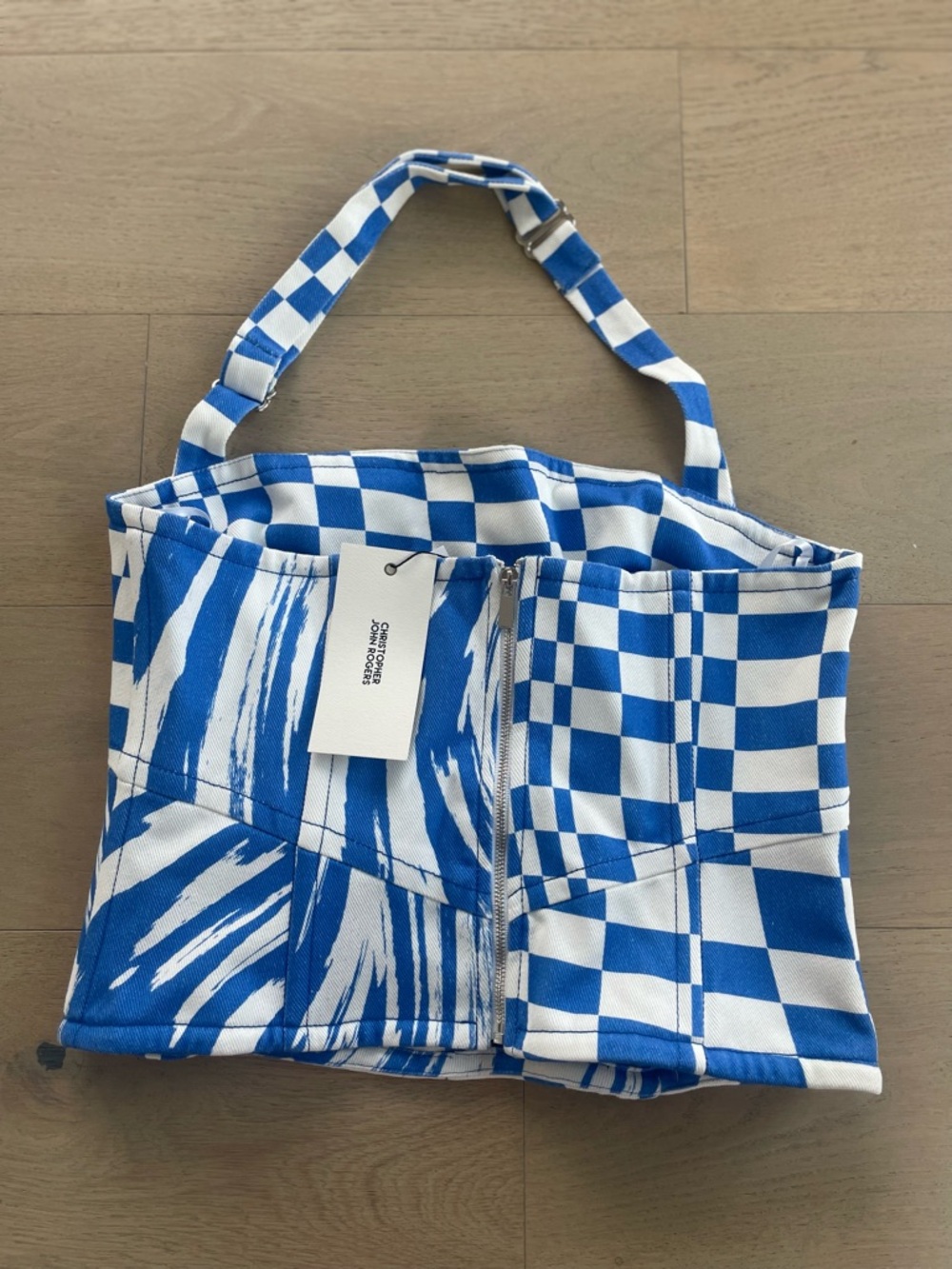 Christopher John Rogers Blue and White Wave & Check Denim Halter Top Size 8 NWT - Picture 6 of 8